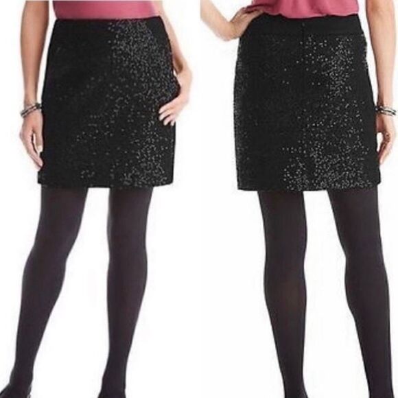 Loft Sequined Straight Mini Skirt Pockets Women 10 Black Holiday NYE Party - Picture 1 of 6